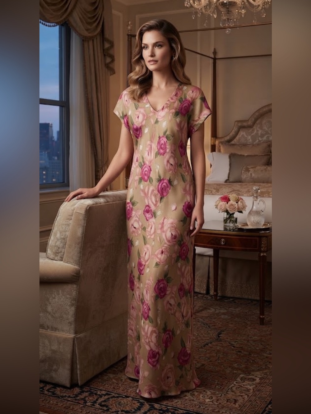 Neiman Marcus 100% Silk Floral Long Lingerie Gown Dress Medium